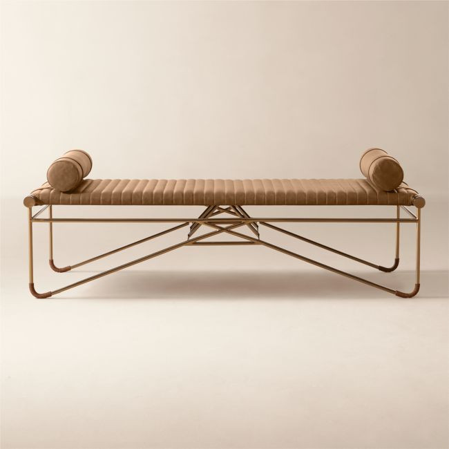 La Strizza 61" Saddle Leather Bench with Bolster Pillows by goop | CB2