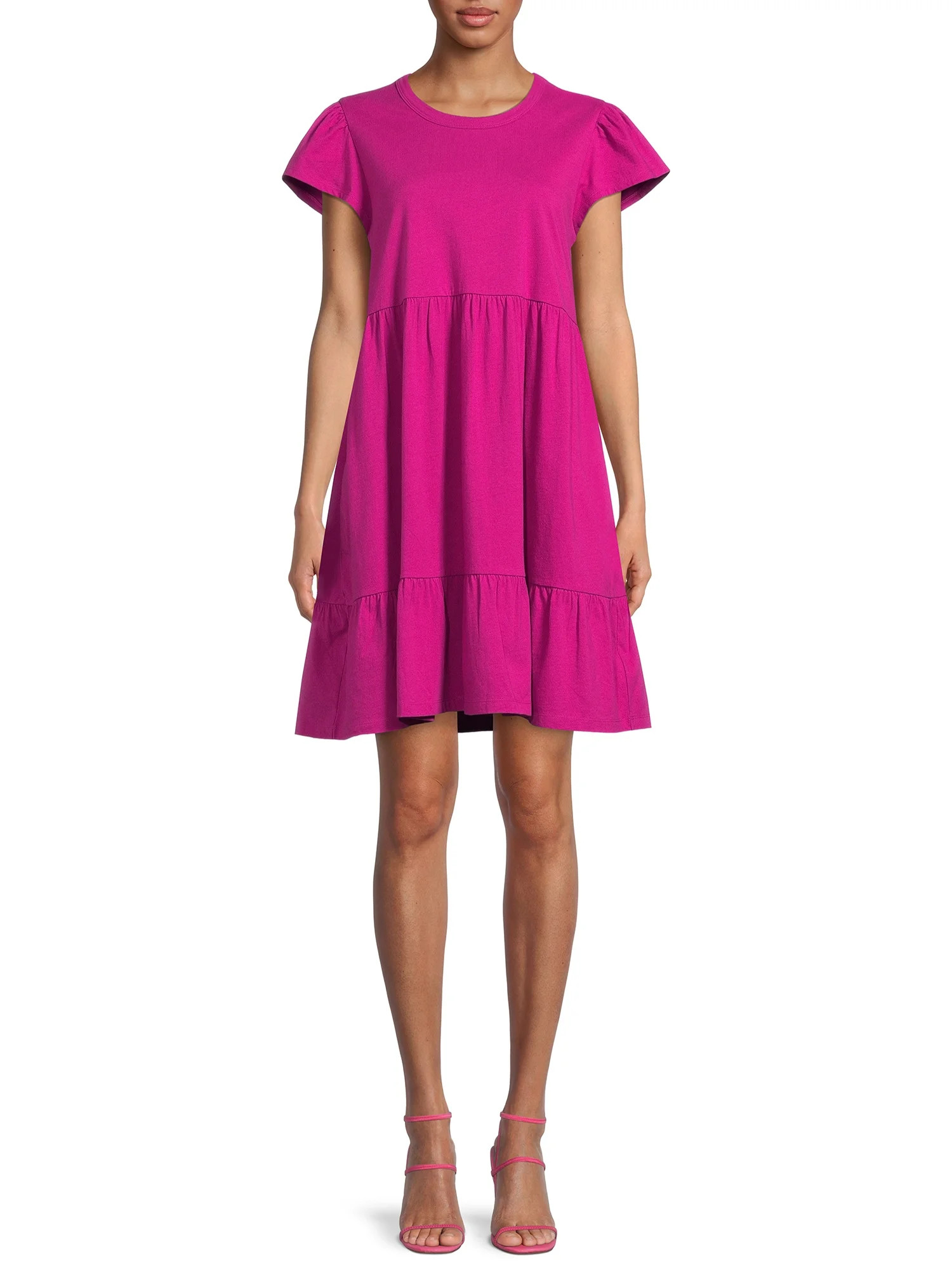 Time and Tru Short Sleeve Tiered Knit Dress for women with Pockets | Walmart (US)