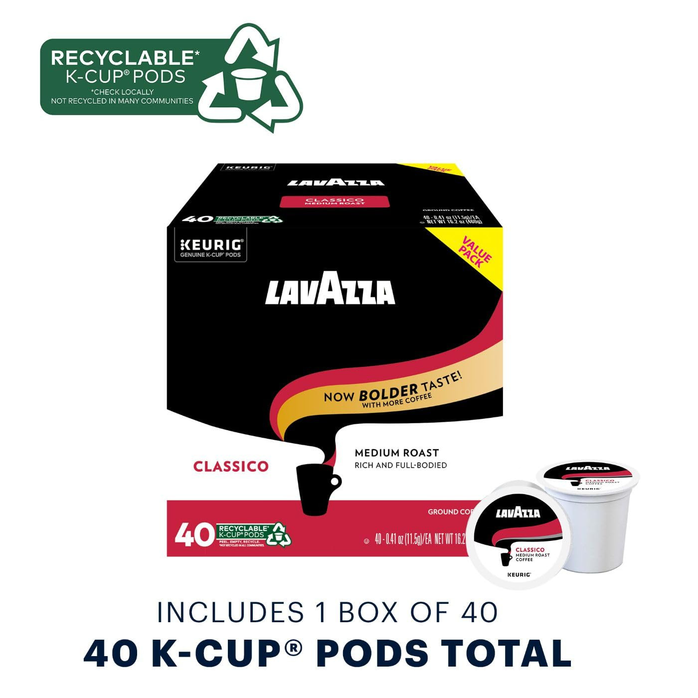 Lavazza medium roast SingleServe Coffee KCups for Keurig Brewer, Classico, 40 Count | Amazon (US)