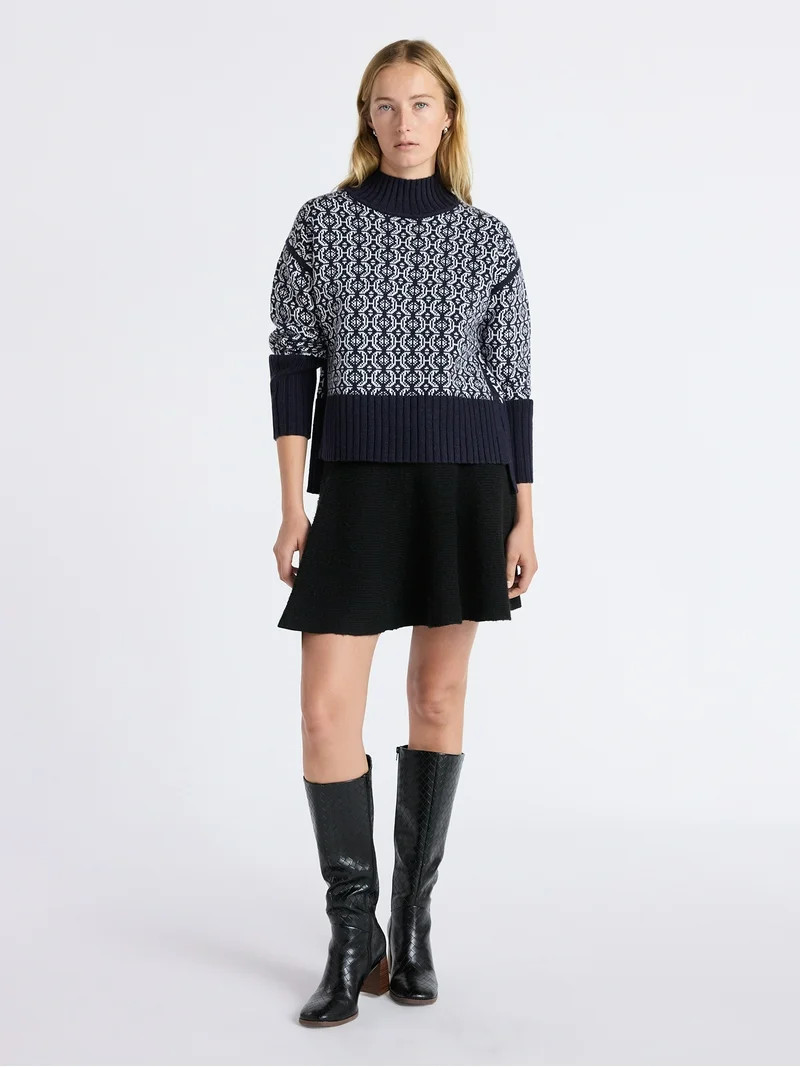 Free Assembly Women's Patterned Mock Neck Sweater with Tall Cuffs, Midweight, Sizes XS-XXL | Walmart (US)