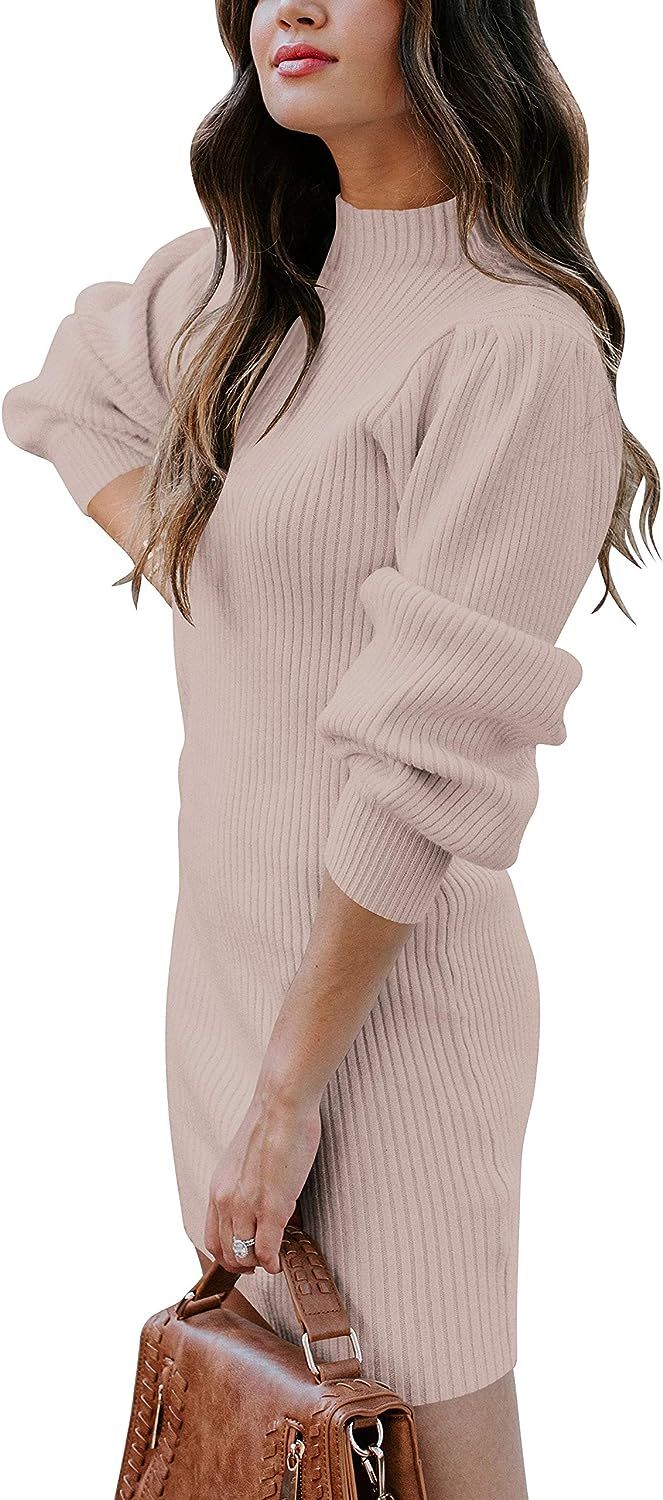 Caracilia Women Turtleneck Long Sleeve Knit Pullover Sweater Bodycon Mini Dress | Amazon (US)