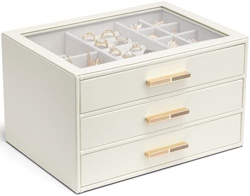 Vlando Jewelry Box for Women, Glass Lid Jewelry Organizer with 3 Drawers for Necklaces Rings Earr... | Amazon (US)