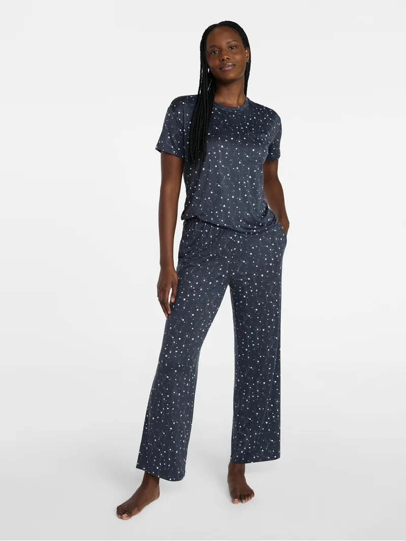 Joyspun Women's Dreamy Soft Collection Short Sleeve Sleep Top and Open Leg Pants Pajama Set, 2-Pi... | Walmart (US)