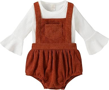 Newborn Baby Girl Clothes Bell Sleeve Romper and Corduroy Overalls Shorts Infant Girl Fall Outfit... | Amazon (US)