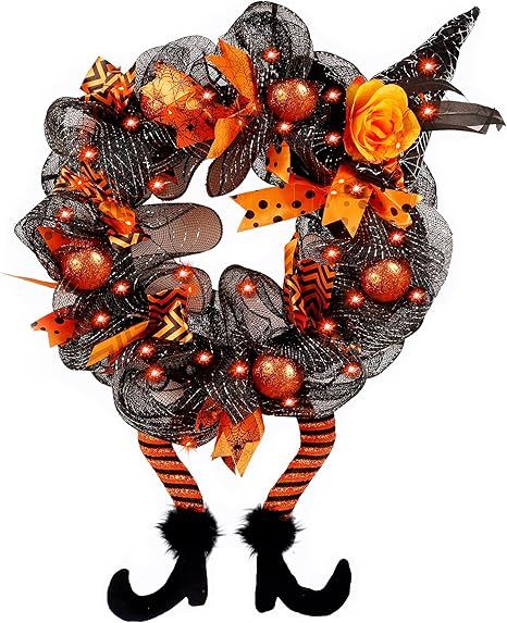 yosager Halloween Wreaths, Halloween Decorations Witch Hat and Legs Wreath, Lighted with 30 LED O... | Amazon (US)