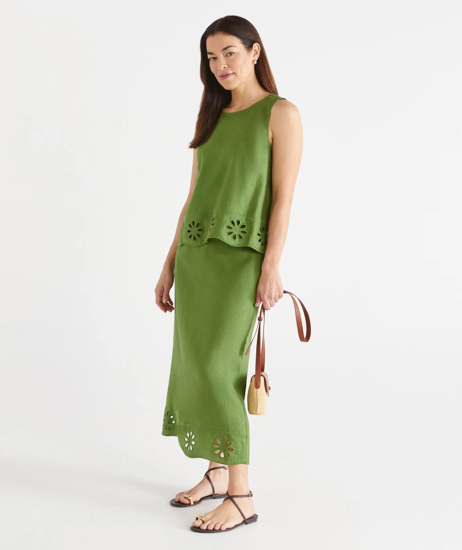 Linen Embroidered Hem Column Skirt- Green | Sussan