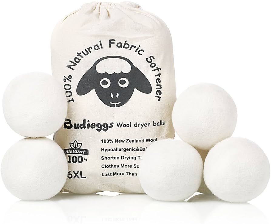 Budieggs Wool Dryer Balls Organic XL 6-Pack, 100% New Zealand Chemical Free Fabric Softener for 1... | Amazon (US)