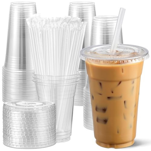AOZITA [100 Sets] 24 oz Clear Plastic Cups With Lids and Straws, Disposable Cups With Lids for Iced Coffee, Smoothie, Milkshake and Cold Drinks | Amazon (US)