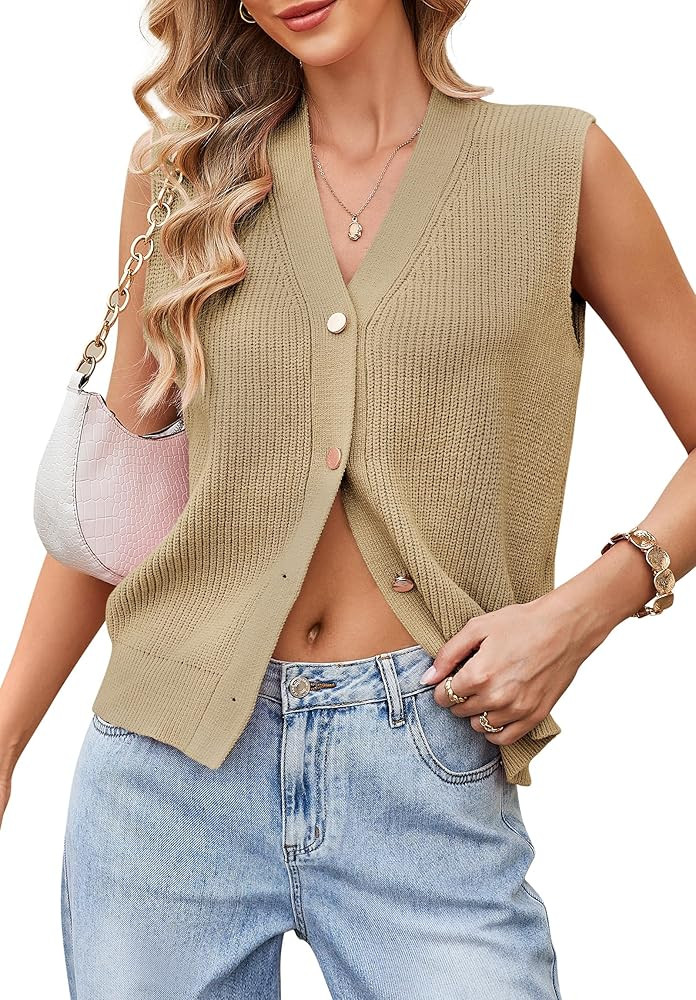 Sweater Vest Women Sleeveless Cardigans Knit Vest Top Trendy Summer Button Up Sweater Tank Tops | Amazon (US)