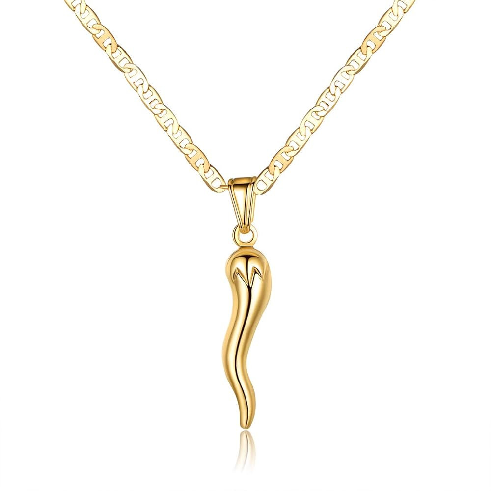 Barzel 18K Gold Plated Flat Marina Chain With Italian Horn Necklace Cornicello - Made In Brazil | Amazon (US)