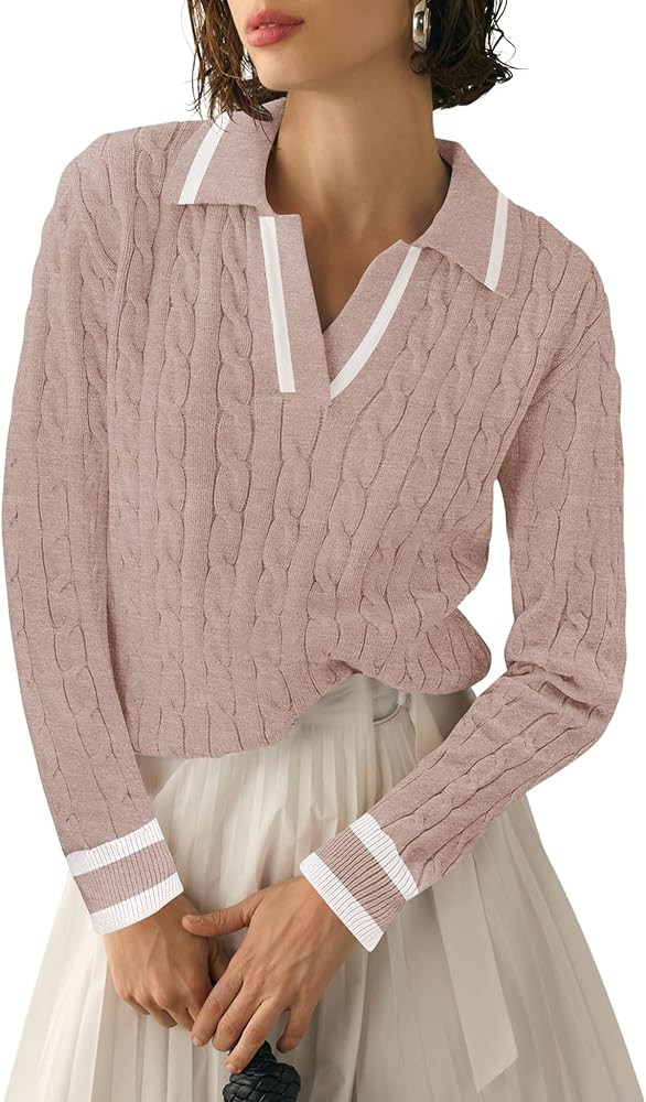 Micoson Womens Fall Long Sleeve Sweaters Lapel V Neck Cable Knitted Pullover Casual Soft Jumper T... | Amazon (US)