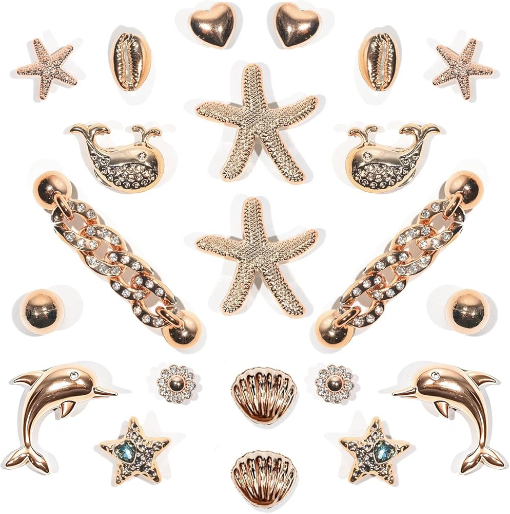 22 Pcs Bling Shoe Charms Gold Dolphin Starfish Whale Ocean Shoe Accessories Bling Gold Shoe Chain... | Amazon (US)