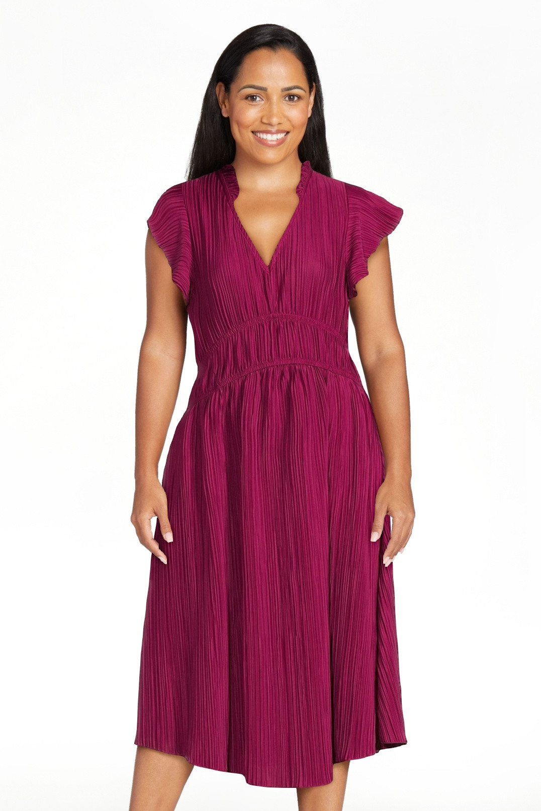 Time and Tru Women's Plisse Midi Dress with Flutter Sleeves, Sizes XS–XXXL | Walmart (US)