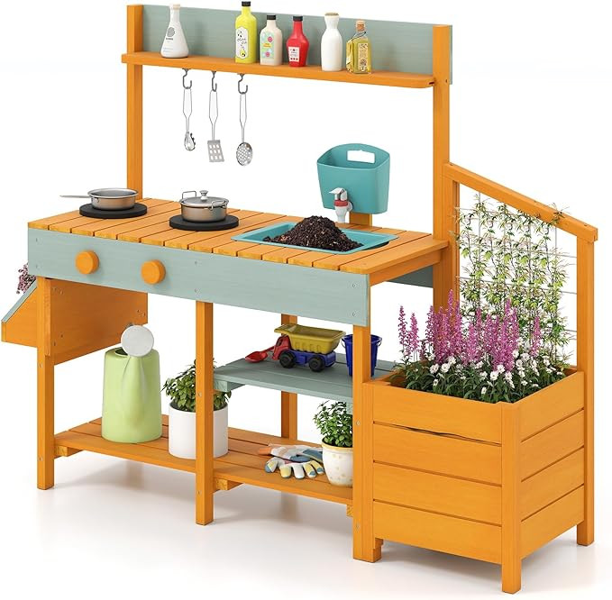HONEY JOY Mud Kitchen, Cedar Wood Pretend Play Kitchen for Toddlers, Plant Growing Box & Trellis,... | Amazon (US)