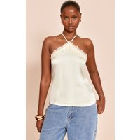 Sage Green Satin Lace Trim Halterneck Cami Top | PrettyLittleThing US