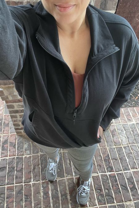 What I wore to run Saturday errands. Fleece pullover, longline bra (I wear a 38DD and this is an XL and fits perfectly and is my fave sports bra), gray jeans, gray New Balance 574 sneakers.

#LTKover40 #LTKmidsize #LTKfindsunder100