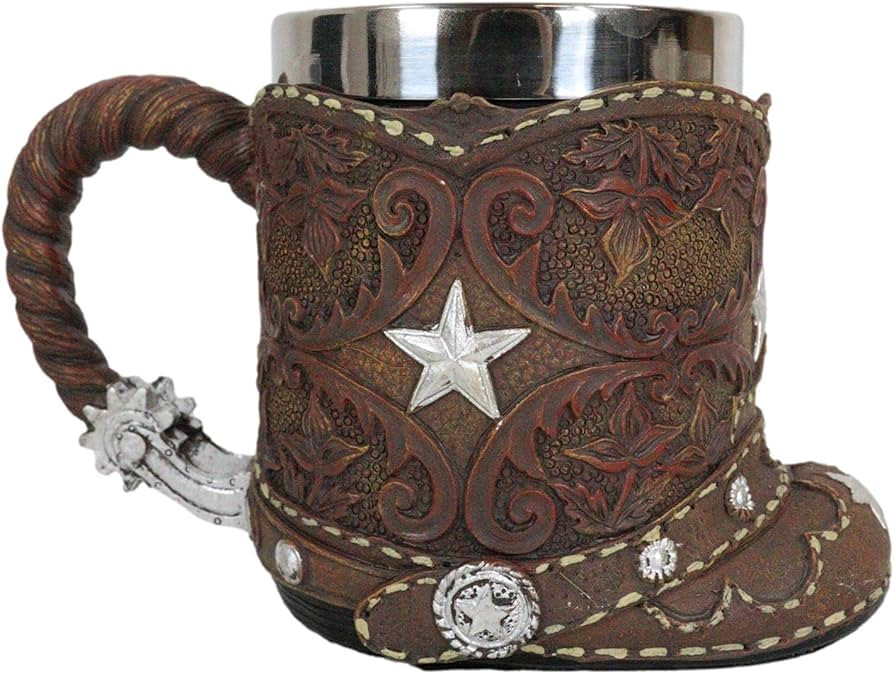 Ebros Gift Rustic Western Cowboy Boot With Lone Star And Spur Coffee Mug In Faux Tooled Leather F... | Amazon (US)