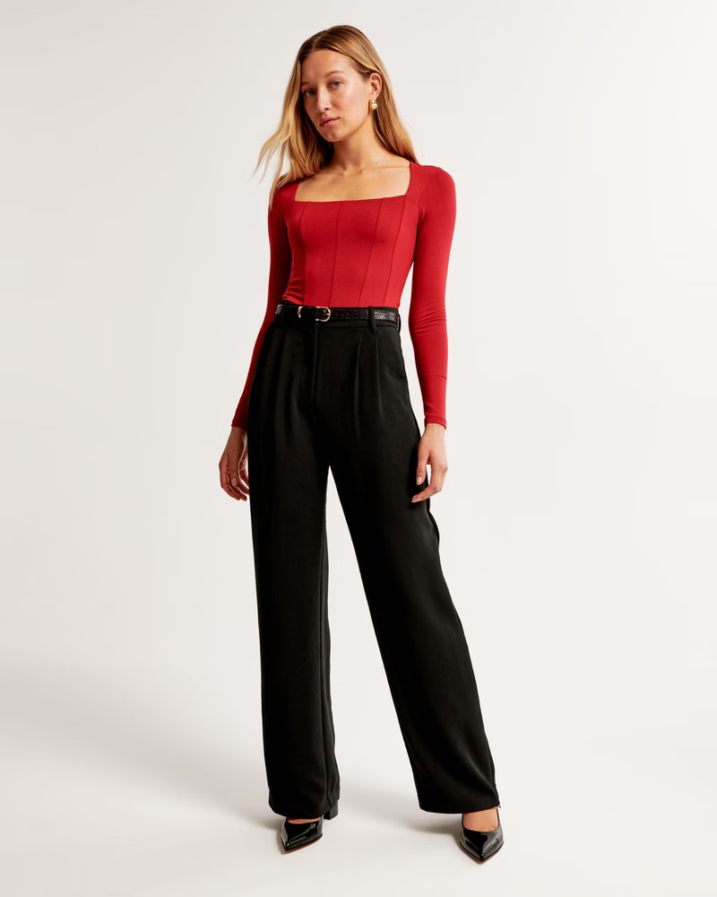 Long-Sleeve Cotton-Modal Squareneck Corset Bodysuit | Abercrombie & Fitch (US)