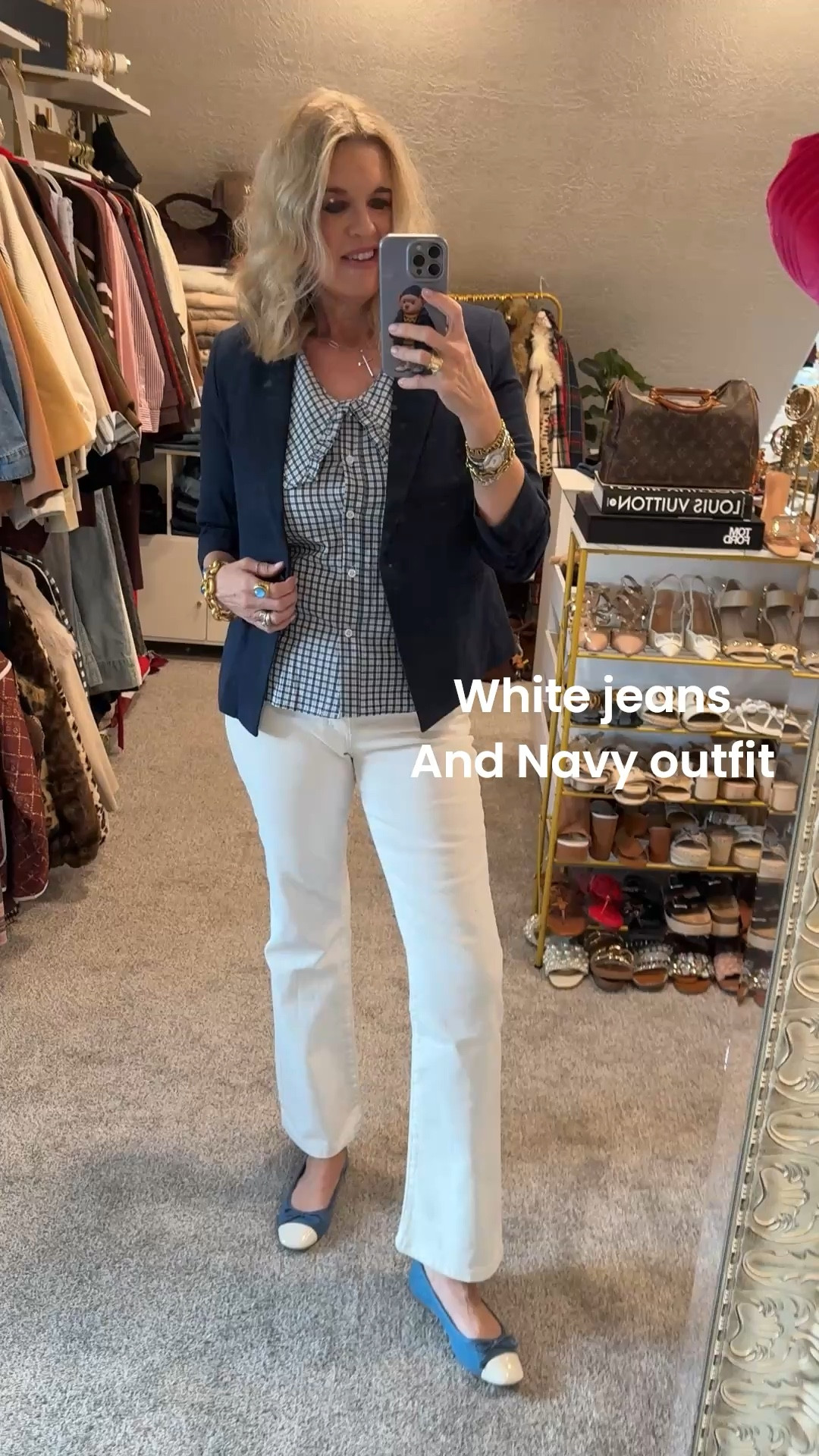 Styling White Jeans and Navy
The perfect Spring Color combo ✔️

White jeans are by Oliver Logan, made in California, fit comfortable and tts 
(Unfortunately I can’t link)
Linked similar ones I own

Plaid Top with oversized Peter Pan collar and puff 3/4 sleeve
  is an Amazon find, I did love so much I got in two colors (pink & Blue) fits tts so affordable 

New Linen blazer by Gibsonlook 
With ruched sleeves, perfect for spring and summer fits tts in a med  💙save 10% off with code DARCY10 

Ballerina denim flats with cap toe mine are old loft bu I found the same 

Julie Vos Jewlery 


#LTKgrwm #LTKootd #LTKOver40