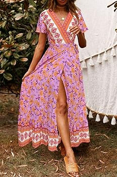 ZESICA Women's Bohemian Floral Printed Wrap V Neck Short Sleeve Split Beach Party Maxi Dress | Amazon (US)