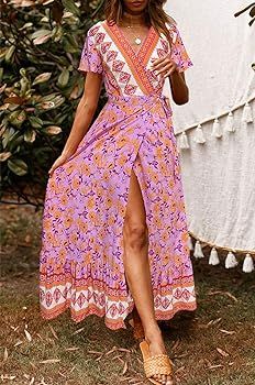 ZESICA Women's Bohemian Floral Printed Wrap V Neck Short Sleeve Split Beach Party Maxi Dress | Amazon (US)