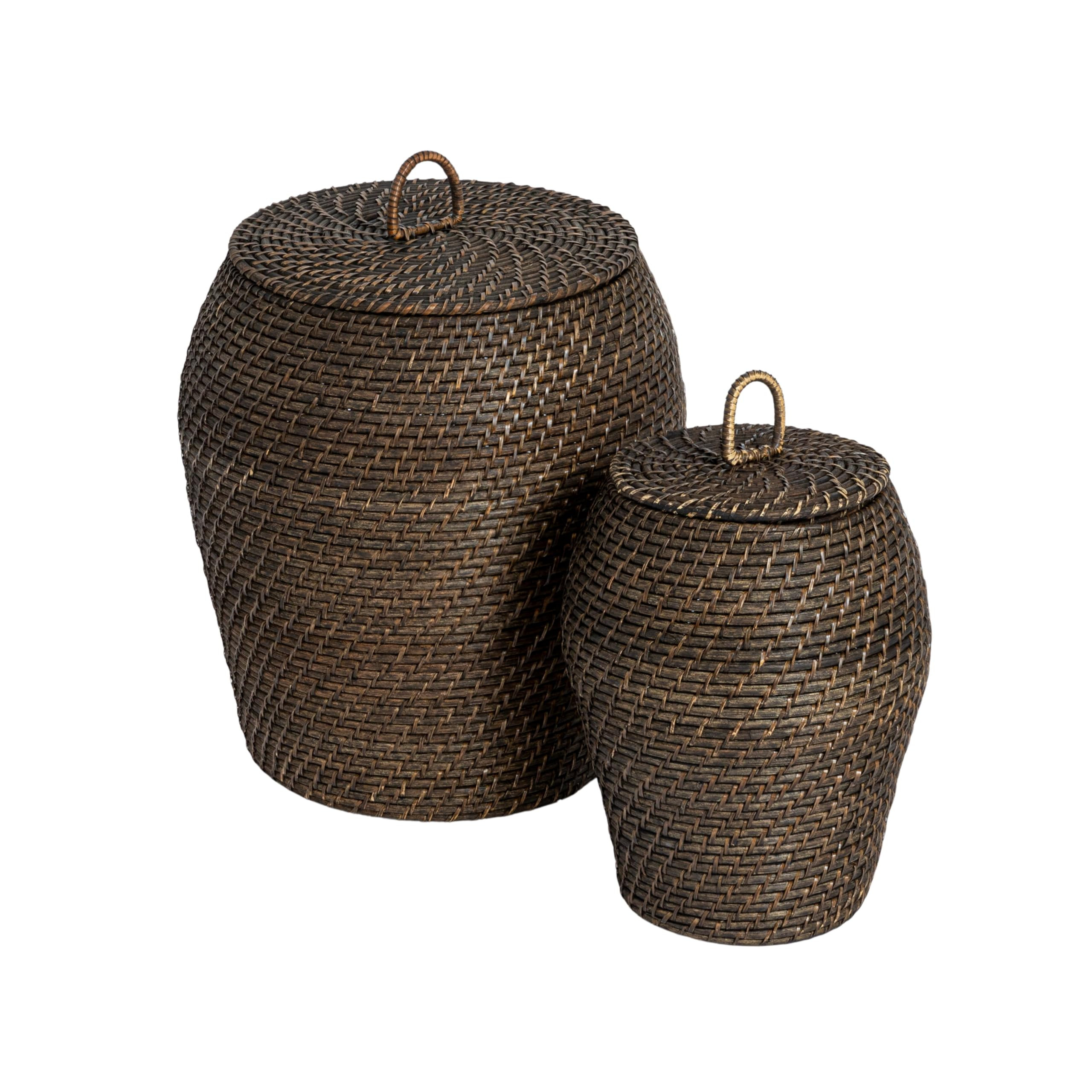 Bloomingville Rattan Wicker Storage Basket with Lid, Washed Black Finish, Set of 2 | Amazon (US)