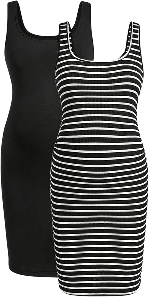 MakeMeChic Women's 2 Pack Summer Sleeveless Maternity Dress Striped Round Neck Ruched Pregnancy T... | Amazon (US)