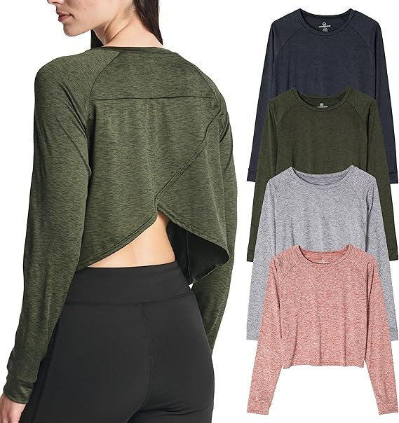 Real Essentials 4 Pack: Women's Dry-Fit Long Sleeve Petal Back Crop Top - Athletic Cropped Tee (A... | Amazon (US)