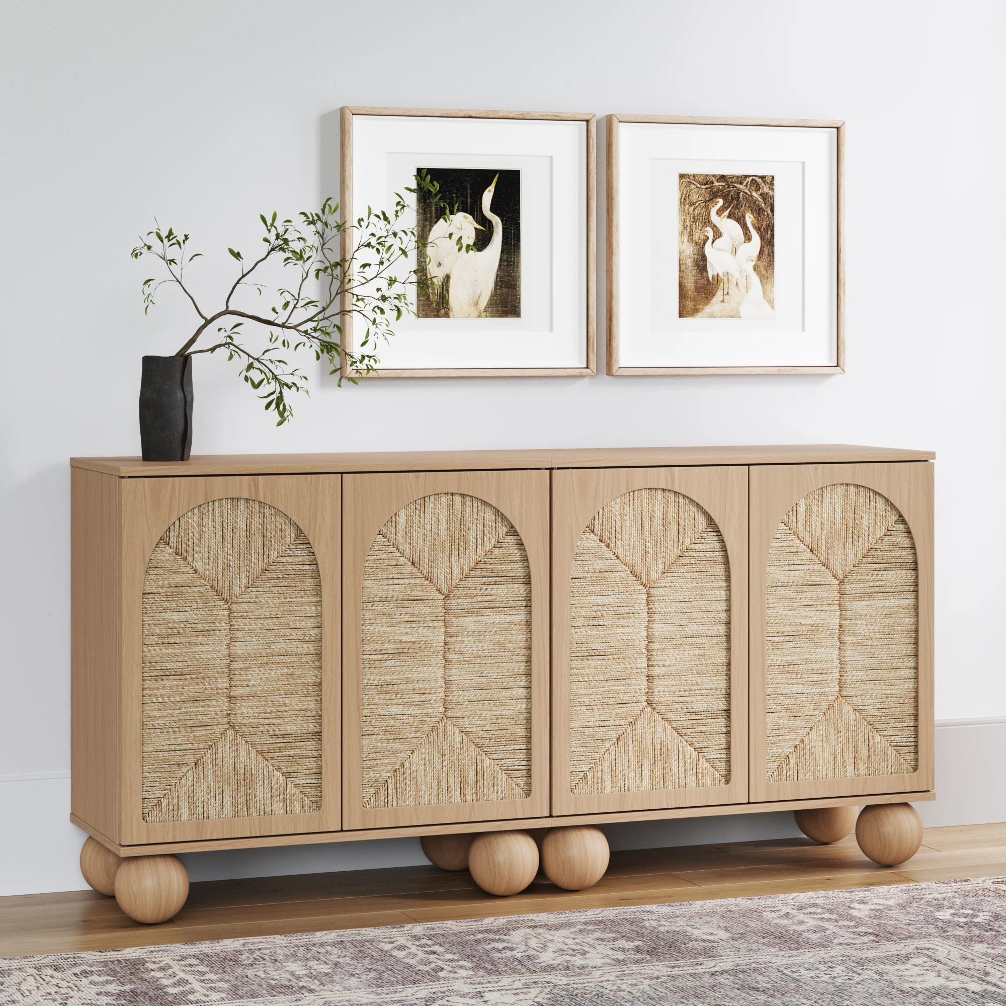 Seagrass Arched Storage Cabinet Credenza Raw Oak (Set of 2) | Nathan James