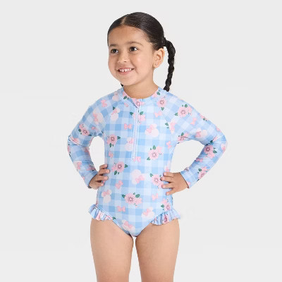 Toddler Girls' Disney Minnie Mouse Long Sleeve Floral Gingham Half Zip One Piece Rash Guard Swimsuit - Light Blue 12M | Target