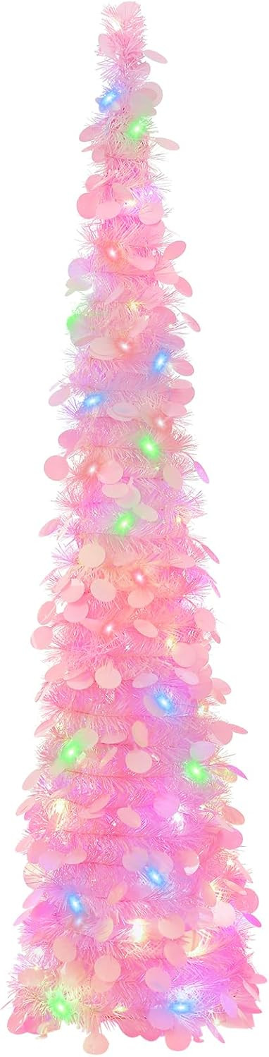 GlyinnHe 5Ft Pop Up Christmas Tinsel Tree with 50 Mulitcolore Lights Prelit Christmas Pencil with... | Amazon (US)