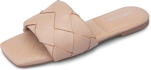 Women Square Open Toe Flat Slides Sandals Braided Strap Slip On Mule Woven Slippers | Amazon (US)