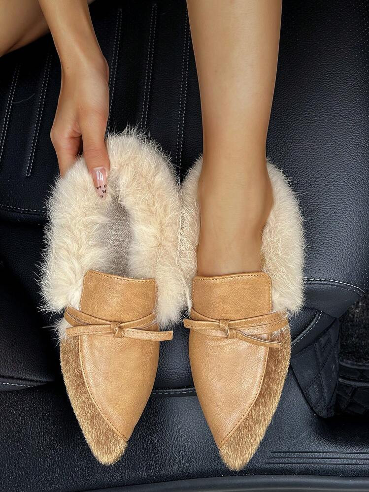 New Women Flat Shoes Black Brown Fashion Bow Decor Patchwork Pointed Toe Fluffy Furry Slip-On Com... | SHEIN