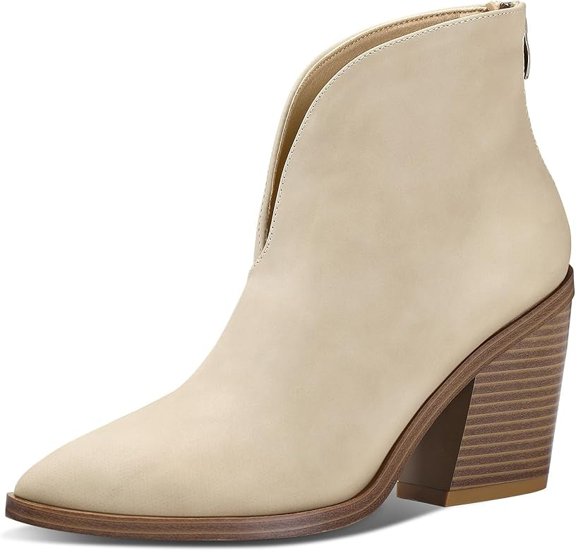 mysoft Women's V Cut Out Ankle Boots Slip On Pointed Toe Chunky Stacked Heel Booties | Amazon (US)
