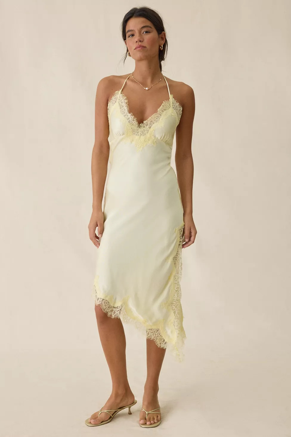Bardot Silvio Halter Asymmetric Lace Trim Slip Midi Dress | Urban Outfitters (US and RoW)