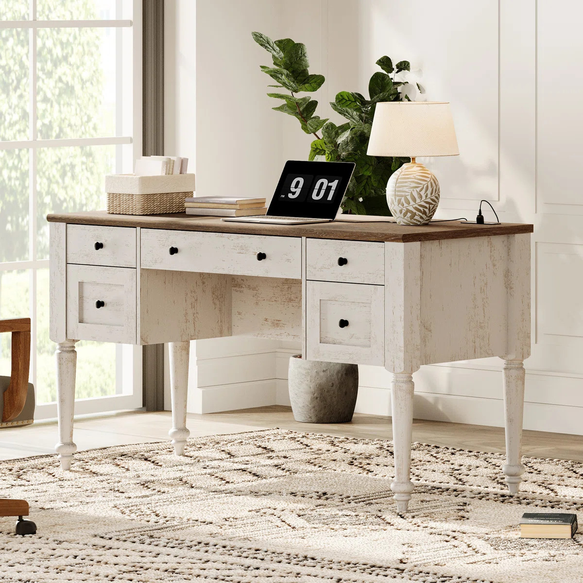 Scarlett Farmhouse 56'' Executive Desk With 5 Drawers, Home Office Desks With Charging Station, W... | Wayfair North America
