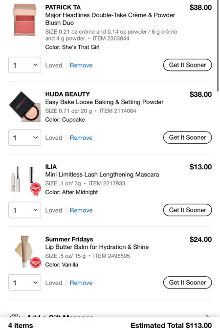 If I could only spend $100 at the Sephora savings event…. This is what I would buy (option 3)

Patrick ta. Lush shade she’s that girl - this blush duo is such a great bang for your buck! It’s $38 and you get both a cream and powder blush which is a combined total of more grams than most other blushes on the market priced about the same. There are so many shade options and it truly has the prettiest finish. I highly recommend! 

Huda setting powder in shade cupcake - this powder will set your face all day and blurs your skin to look like a filter in real life! So pretty and great value for only $38. This powder lasted me almost an entire year!

Ilia mascara mini size - I always buy mascaras in mini size to avoid them drying out too quickly! And the ilia mini is only $13! Lasts forever and has the best wand for lengthening and adding volume without clumping your lashes. No flakes or smudging and still washes off easily! Love!

Summer Fridays lip butter balm - vanilla, pink sugar and sweet mint are my fave scents! It’s the glossiest lip balm without being stick at all. Provides a beautiful shine and so much hydration. I put this on before bed and wake up with moisturized lips that are still glossy. I keep this on me at all times!

#LTKxSephora #LTKsalealert #LTKbeauty