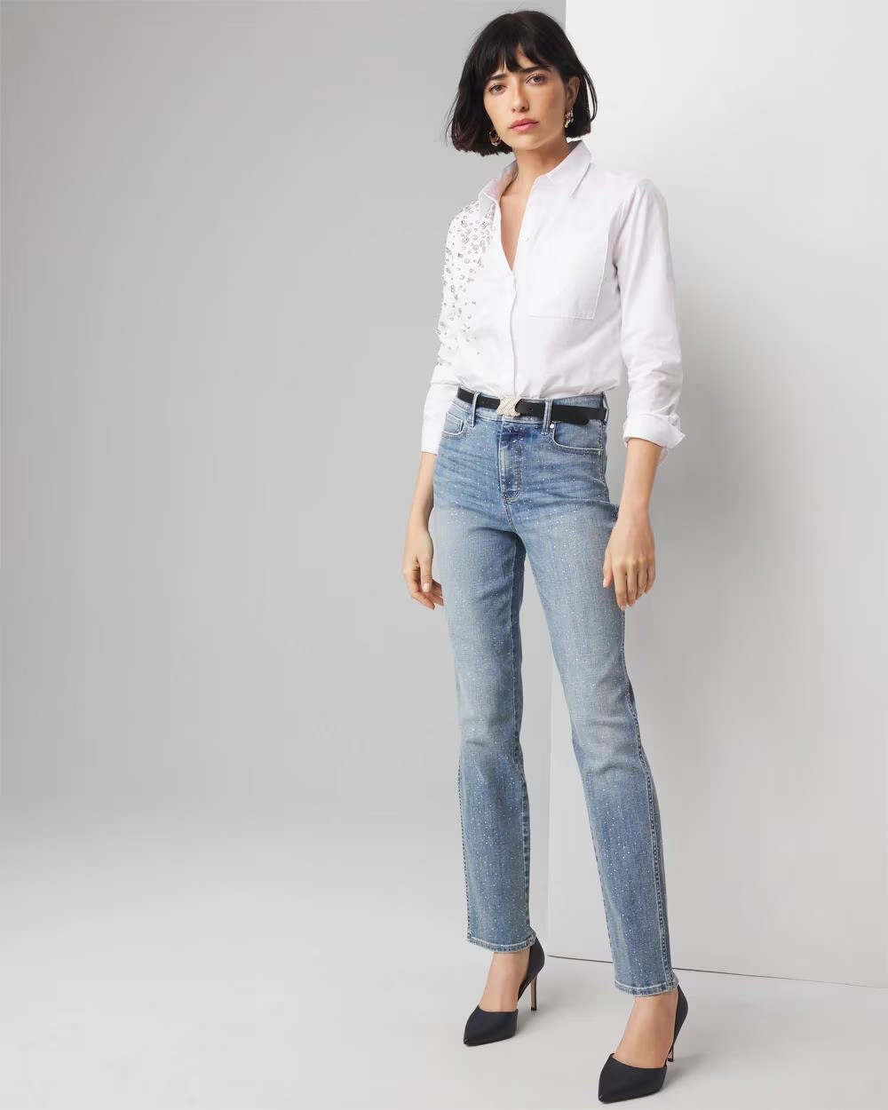 High-Rise Everyday Soft Denim™ Embellished Straight Jean | White House Black Market
