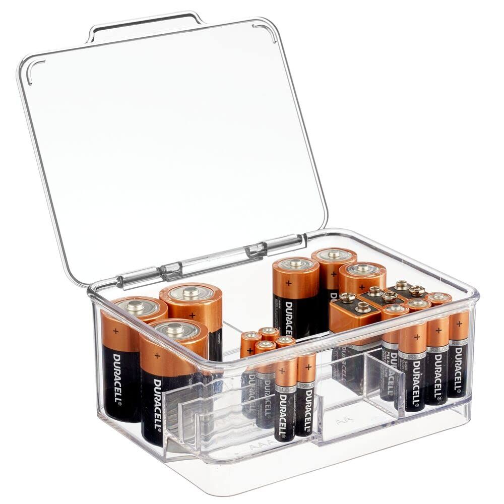 mDesign Stackable Divided Battery Storage Organizer Box Bin with Hinged Lid for AA, AAA, C, D, 9 Vol | Amazon (US)