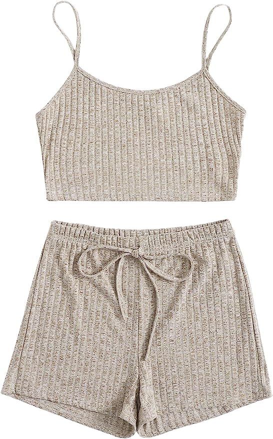 SheIn Women's 2 Pieces Sleeveless V Neck Crop Top Frill Trim Shorts Pajama Sets | Amazon (US)