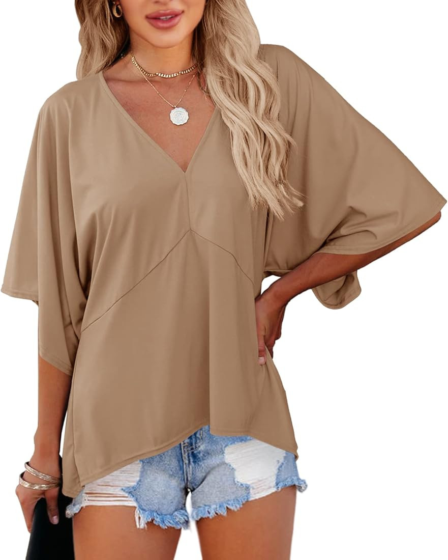 Foshow Womens Summer V Neck Bell Sleeve Blouse Casual 3/4 Sleeve Formal Shirt Business Satin Patc... | Amazon (US)