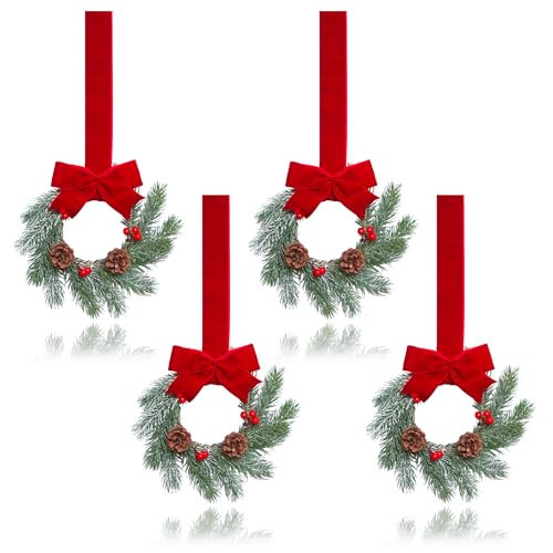 ZHUANXUN Small Christmas Wreath with Red Ribbon, 9 Inch Mini Wreaths for Cabinet, Small Wreaths for Kitchen Cabinet Window Chair Fireplace Farmhouse, Christmas Kitchen Decor (4 Pcs) | Amazon (US)