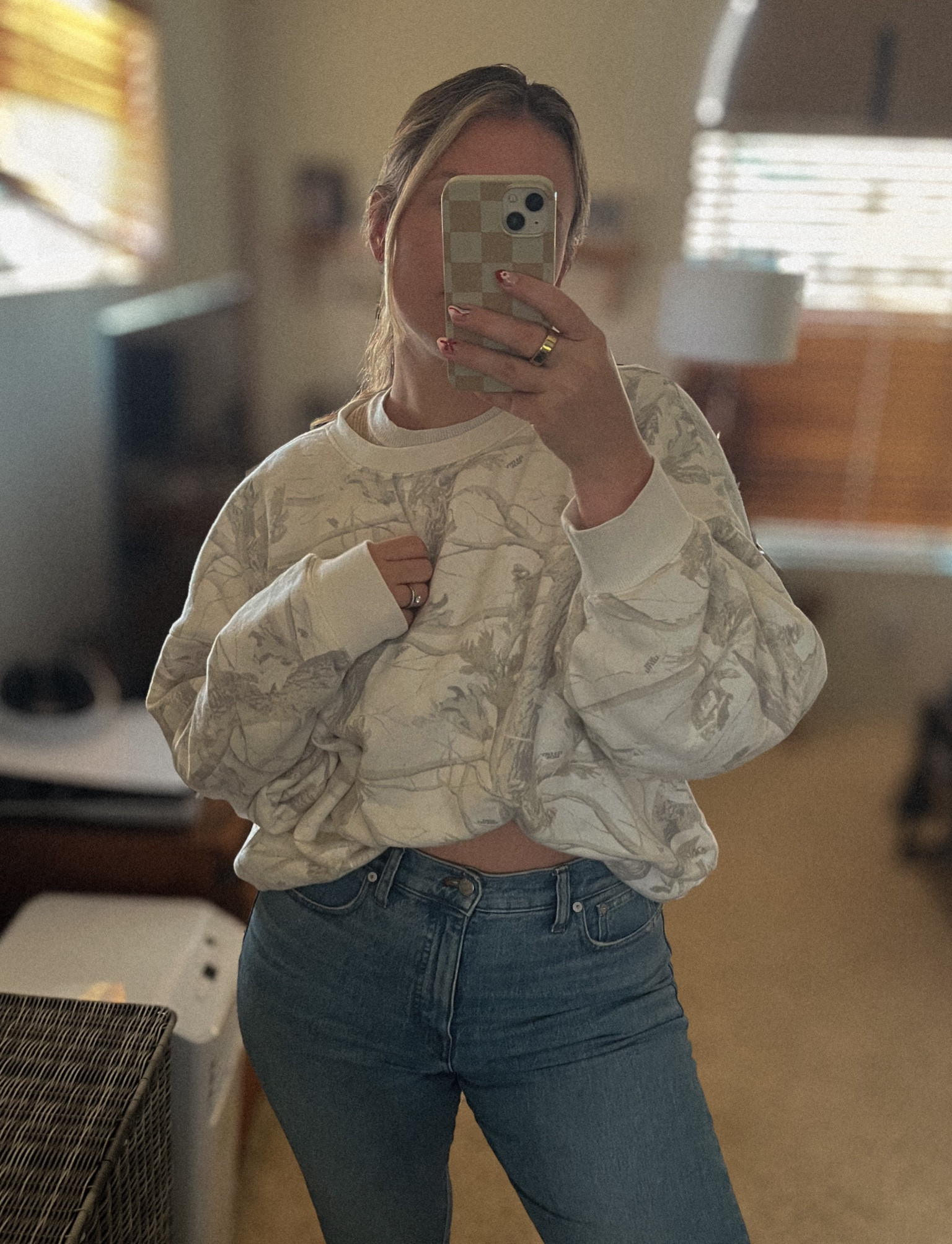 Cozy season is here!!! Loving this oversized Dairy Boy camo crew with puffy pink logo on the back paired with my favorite Madewell jeans. Never thought I’d be a jeans at home girl, but they are soooooo comfy 

#LTKMidsize #LTKFindsUnder100 #LTKSeasonal