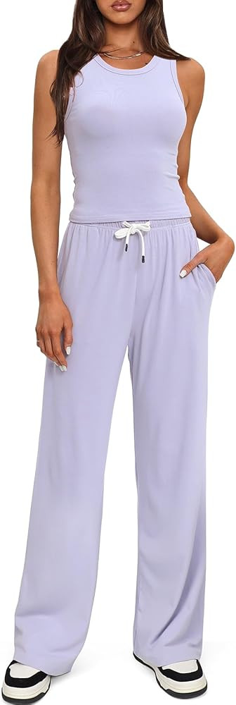 Darong Women's 2 Piece Outfits Lounge Sets Sleeveless Tank Tops and Wide Leg Pants Sets Tracksuit... | Amazon (US)