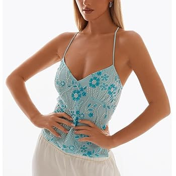 Women Y2K Sequin Cami Top Sexy V Neck Open Back Criss Cross Straps Tank Cute Sparkle Backless Low... | Amazon (US)