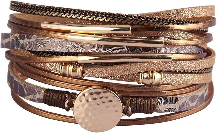AZORA Leather Wrap Bracelets for Women Goldplated Metal Crescent Cuff Bracelet with Magnetic Buck... | Amazon (US)