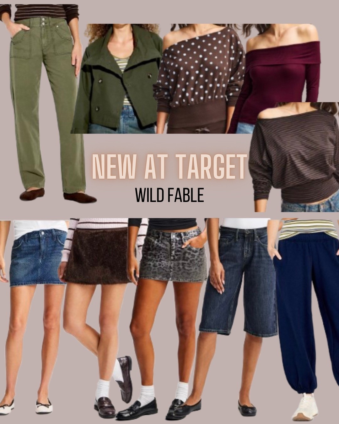 Target style
Mini skirt
Culottes
Sweat pants
Utility pants
Off shoulder sweater
Crop trench