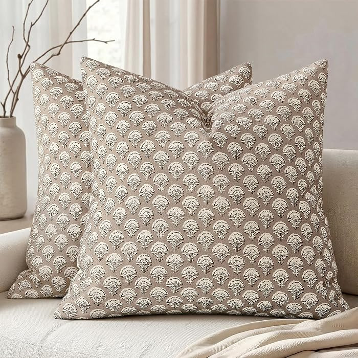 MIULEE Set of 2 Decorative Floral Pillow Covers Neutral Vintage Throw Pillows Block Print Boho Farmhouse Cushion Covers for Modern Spring Home Decor Couch Sofa Bed Living Room, 18x18 Inch, Light Taupe | Amazon (US)