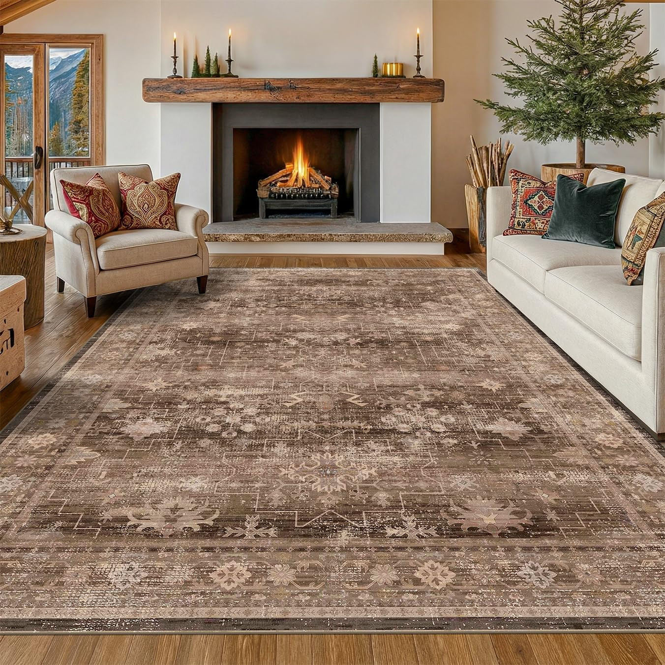 Boho Taupe Brown Living Room Rug 8x10 - Modern Vintage Traditional Eclectic Oriental Neutral, Washable Low Pile Non-Slip Extra Large Area Rugs for Dining Under Table Bedroom Lounge | Amazon (US)