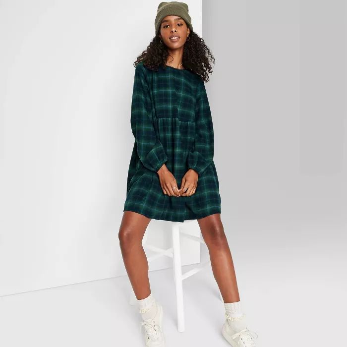 Women's Plaid Long Sleeve Woven Babydoll Dress - Wild Fable™ | Target